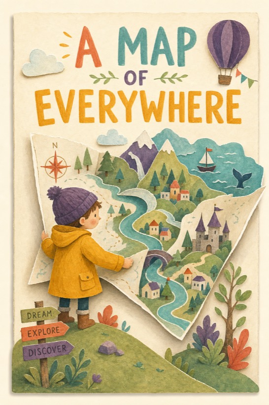 Cover: A Map of Everywhere — a child unfolding an enormous paper map of folding landscapes