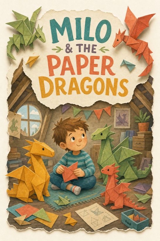 Cover: Milo and the Paper Dragons — a boy surrounded by friendly origami dragons in an attic
