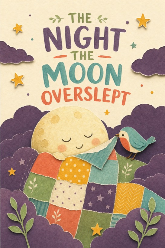 Cover: The Night the Moon Overslept — a round sleepy moon tucked under a patchwork blanket