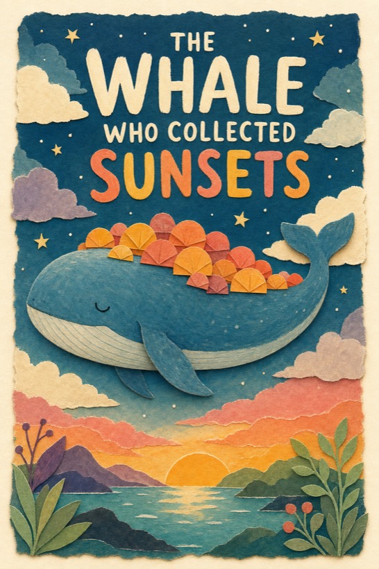 Cover: The Whale Who Collected Sunsets — a blue whale carrying tiny paper sunsets across a dusk sky