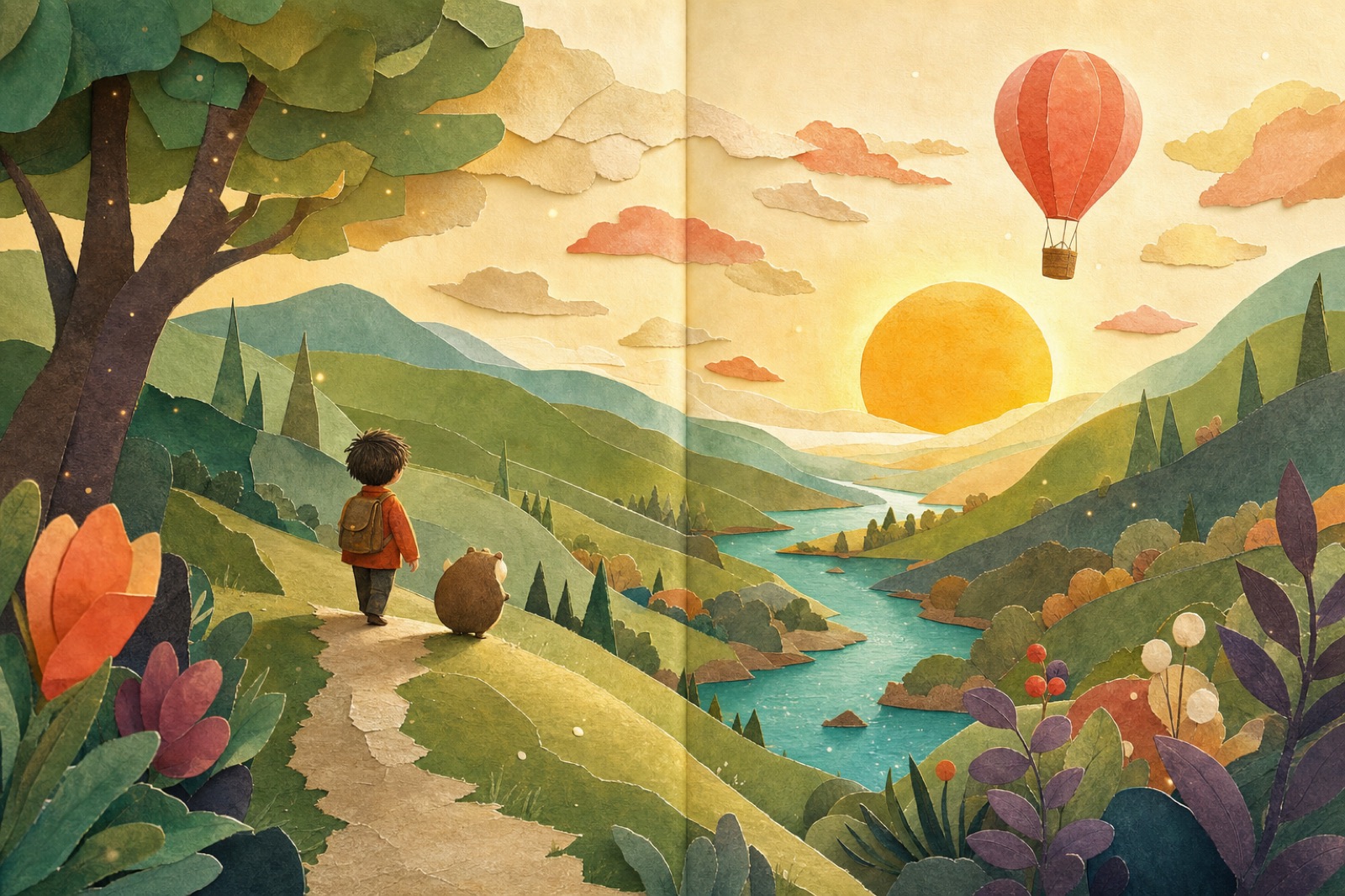 Storybook interior: rolling paper hills at golden hour with a child and small companion